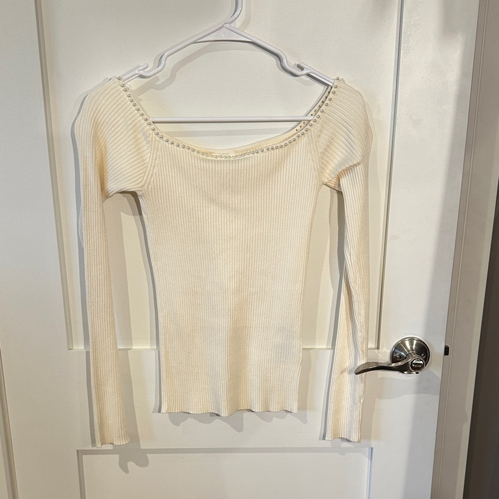 Cream Ribbed boat neck Long Sleeve knit Top with pearl detail